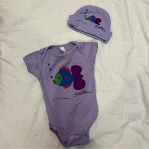 Handmade Hand Painted Seattle Fish One Piece with Matching skull Cap size 3-6m